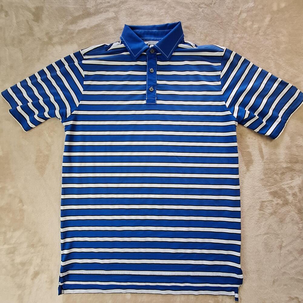 FootJoy Polo Shirt Mens Large Blue Striped Golf Stretch Foxborough Country Club